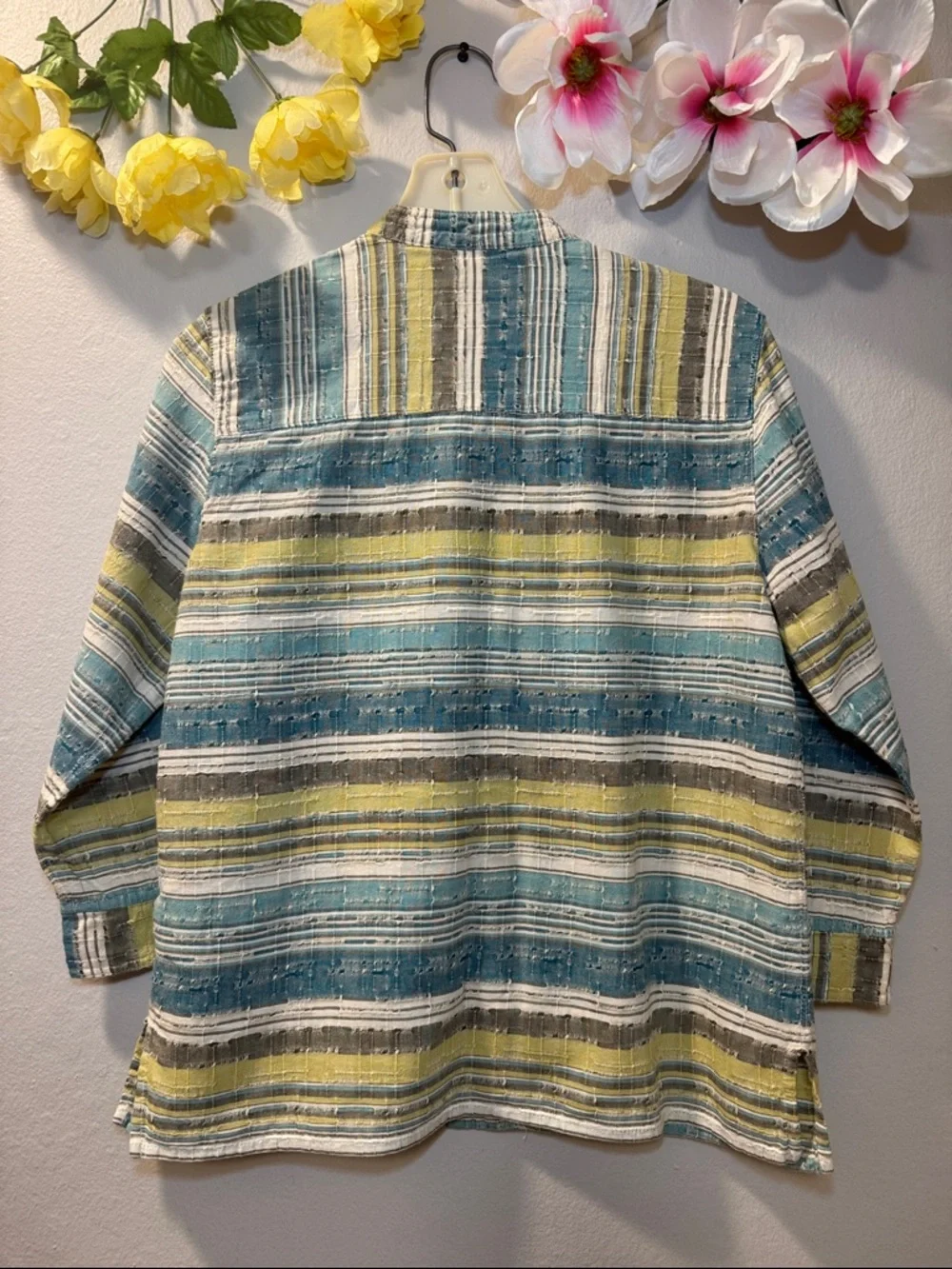 Alfred Dunner Striped Cotton Blend Utility Jacket in Teal, Yellow & White